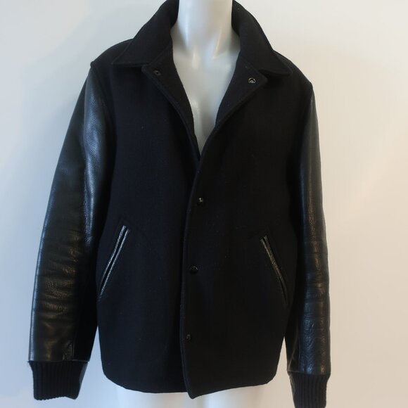 Mens Golden Bear Black Wool Blend Cowhide Leather Varsity Bomber Jacket L - Picture 1 of 16
